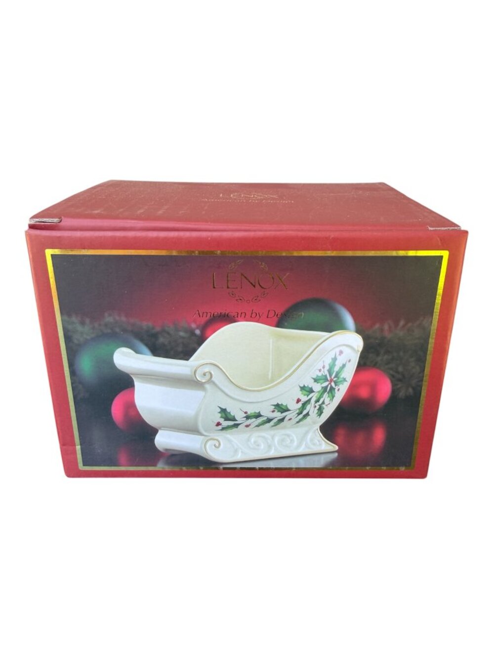NIB VINTAGE LENOX HOLIDAY ARCHIVE SLEIGH DISH W/ HOLLY BERRIES 5.7"